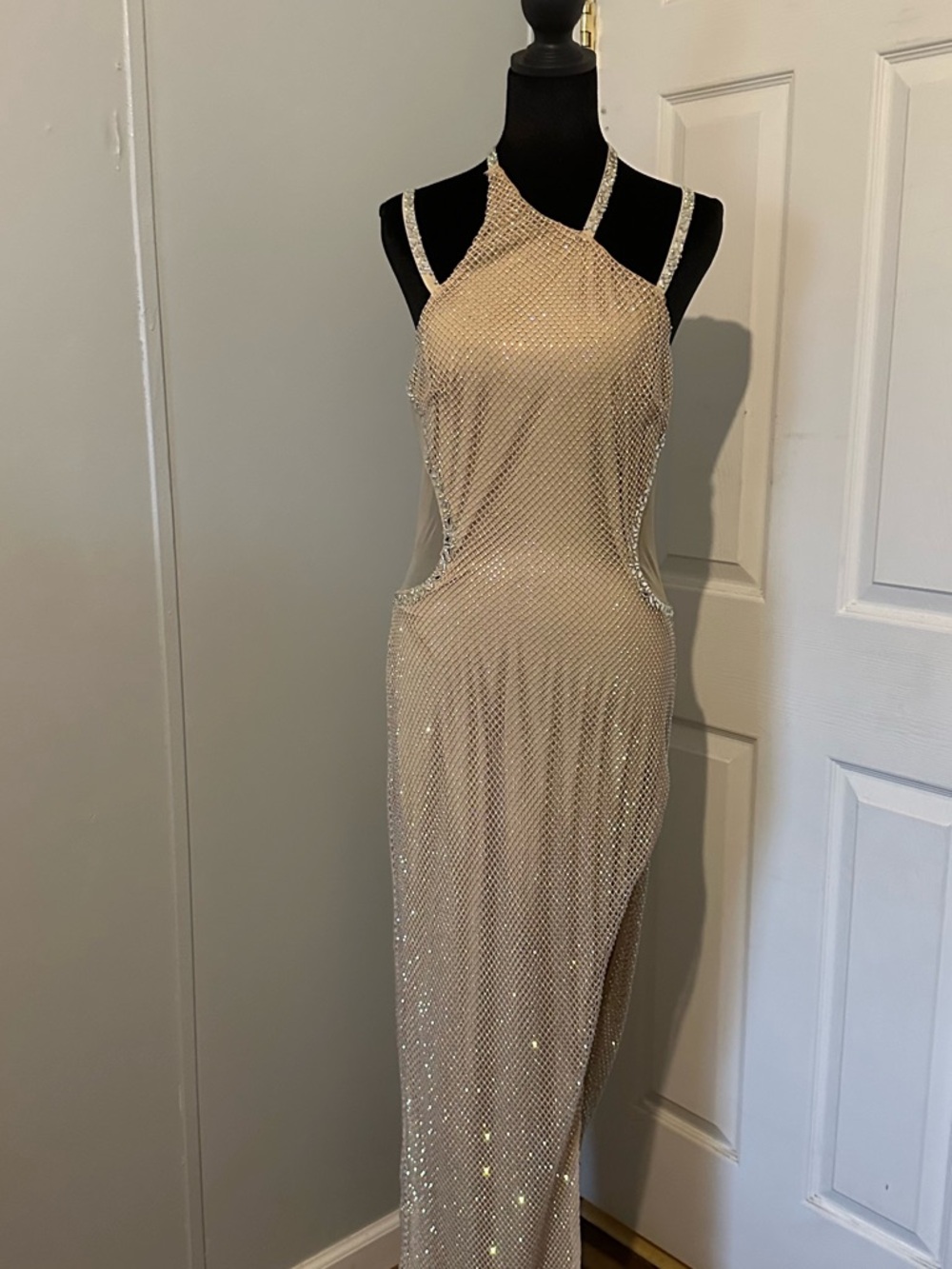 Banjul beaded Champagne Evening Gown with Cutouts